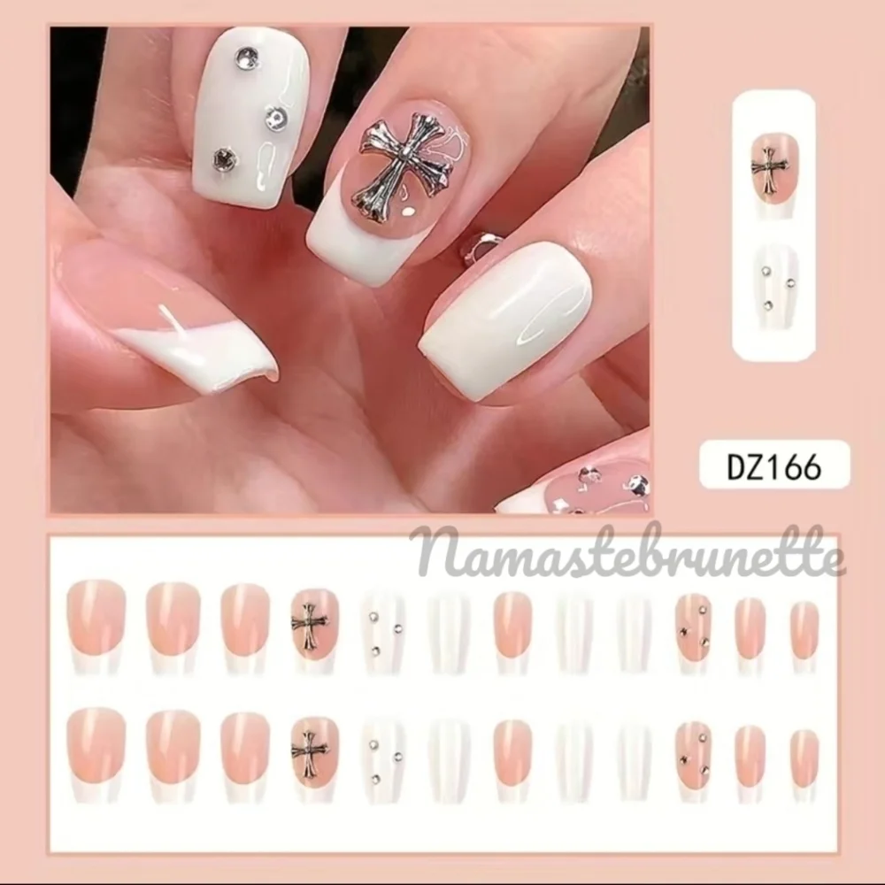 2/$16 Rhinestone Cross French Manicure Press on Nails
